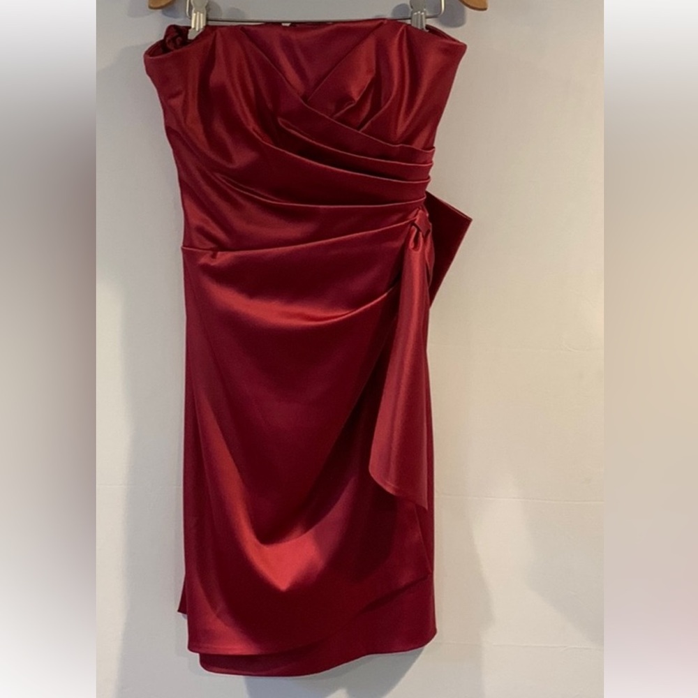White house Black Market Rose Pink Satin Strapless wrap ruched Dress Big bow 8